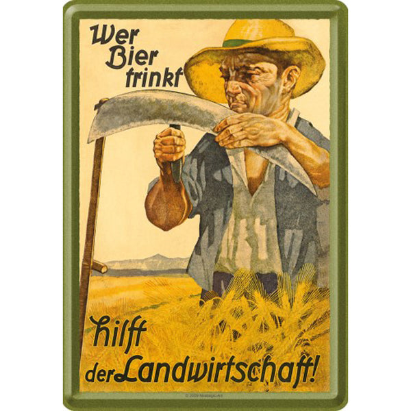 Nostalgic-Art Metal Postcard Who Drinks Beer Helps Agri