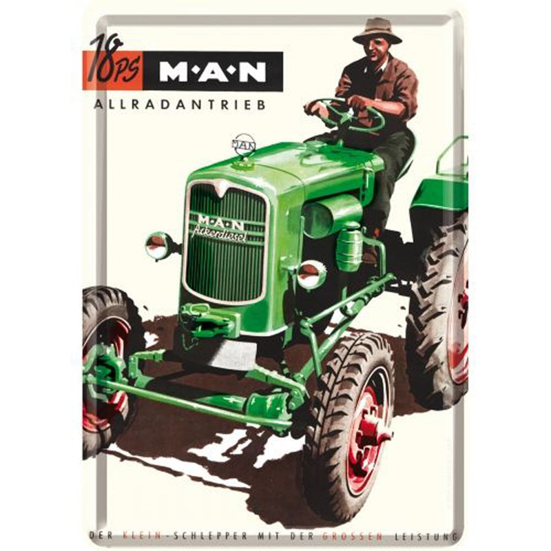 Green Nostalgic-Art Metal Postcard Man Tractor (10x14cm)