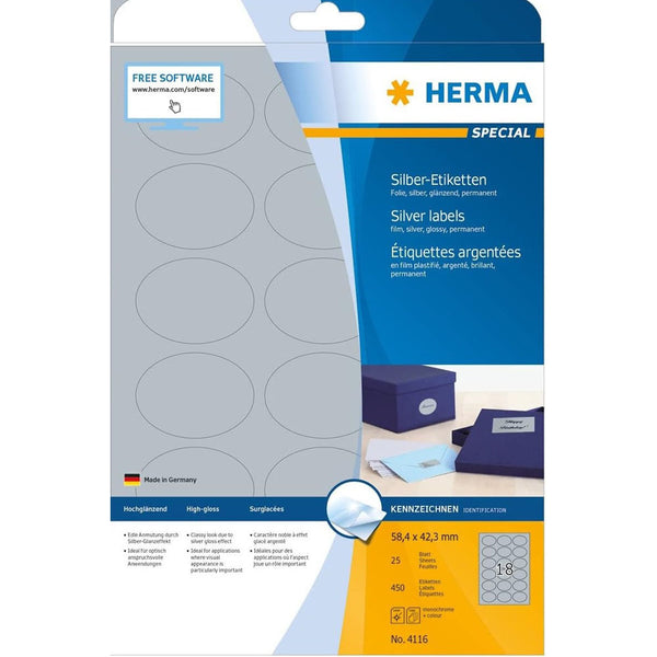 Herma Oval Silver Foil Labels A4 25pc (58.4x42.3mm)