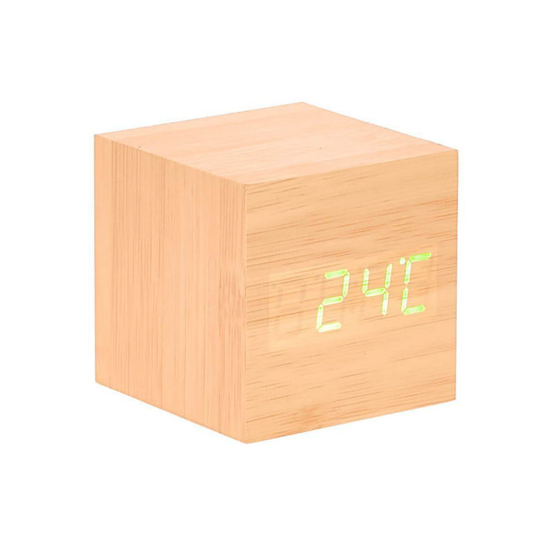LED dřevěná krychle stolní hodiny s temp/ date displej