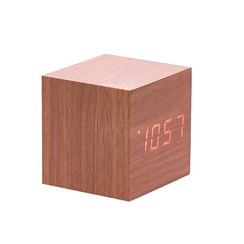 LED dřevěná krychle stolní hodiny s temp/ date displej