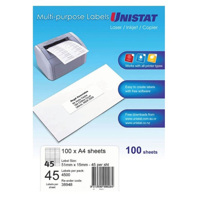 UNISTAT LASER/INKNET/Copier Label 100pk